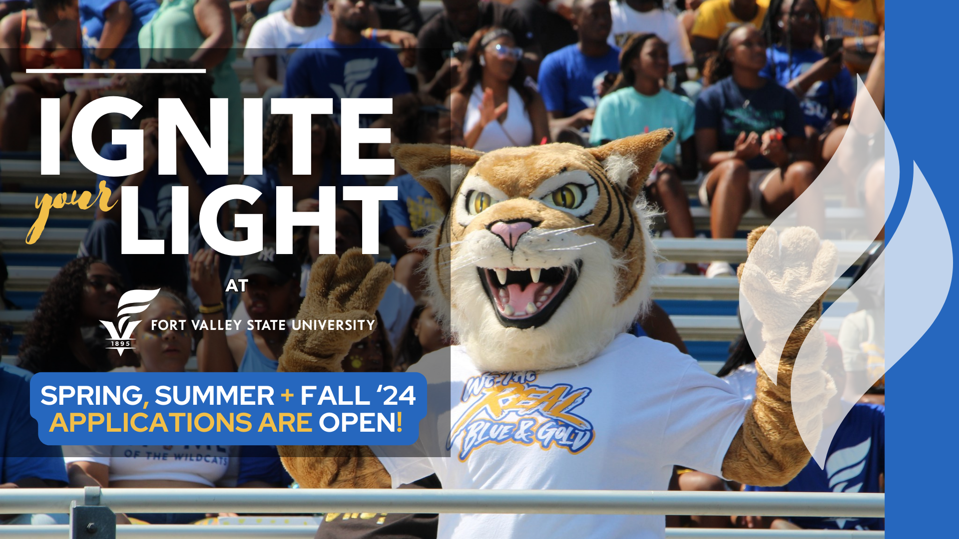 Fort Valley State University's Wildcat waves hand at a football game. 